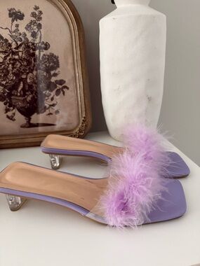 Lilac Feather Slide Heels - Women's Purple Mules